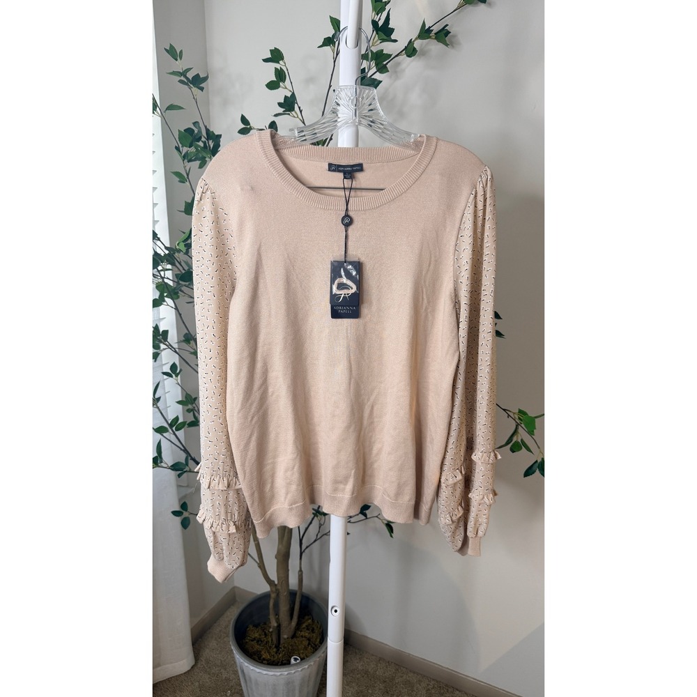 Adrianna Papell Womens Beige Ruffle Sleeve Knit Sweater Top NWT Large - Picture 3 of 9